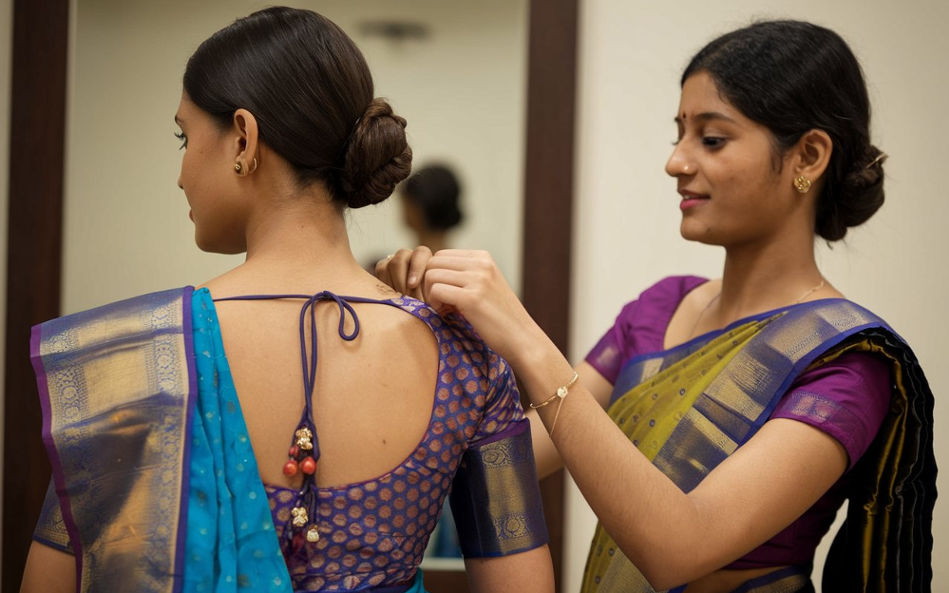 Two young women, one helping the other tie the back of a silk saree blouse